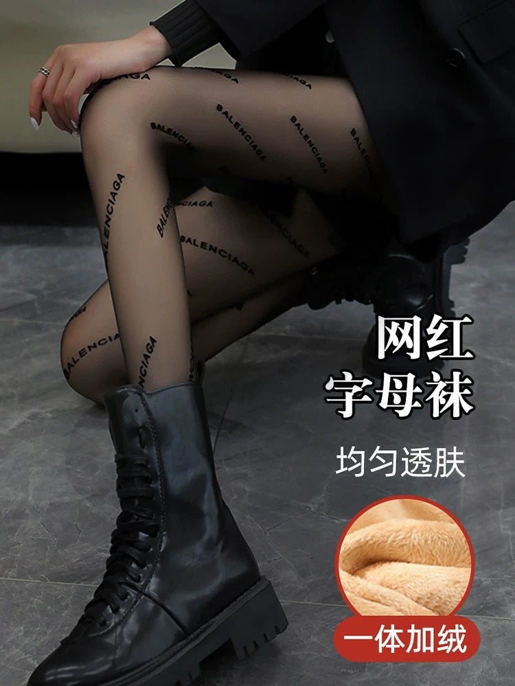 Flocking Love Wave Dot Women's fleece-lined Thickened Autumn and Winter Black Skin-transparent Light Leg Artifact Base Fake Meat Pantyhose - Image 1