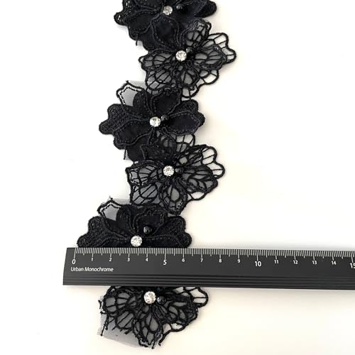 Buysk 2 Yards 3D Pearl Beads Flower Lace Trim Ribbon Floral Applique Embroidered Lace Fabric for Sewing DIY Crafts (Black) - Image 3