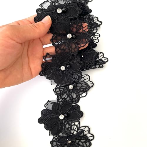 Buysk 2 Yards 3D Pearl Beads Flower Lace Trim Ribbon Floral Applique Embroidered Lace Fabric for Sewing DIY Crafts (Black) - Image 4