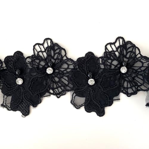 Buysk 2 Yards 3D Pearl Beads Flower Lace Trim Ribbon Floral Applique Embroidered Lace Fabric for Sewing DIY Crafts (Black) - Image 2