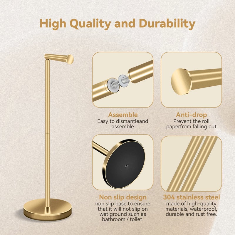 RRM Toilet Paper Holder Stand  Bathroom Free Standing Toilet Paper Holder with Reserve Storage 3-4 Toilet Paper Rolls  22-inch Stainless Steel Toilet Paper Holder Stand (Golden) - Image 3