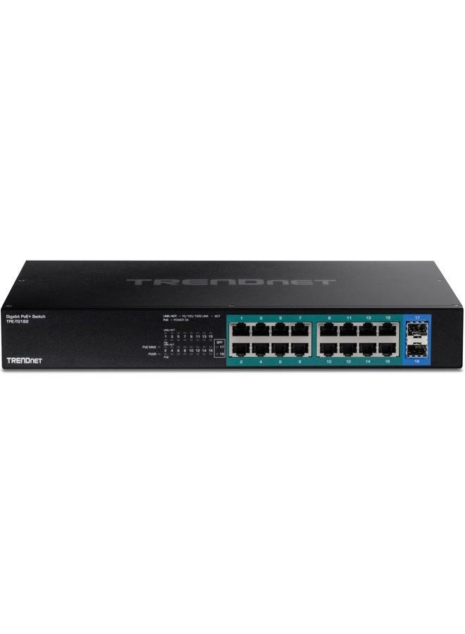 TRENDnet 18-Port Gigabit PoE+ Switch, 16 x 30W PoE+ Ports, 2 Gigabit SFP Slots, 240W PoE Budget, 36Gbps Switching Capacity, 1U 19” Rack Mountable, Lifetime Protection, Black, TPE-TG182 - Image 3