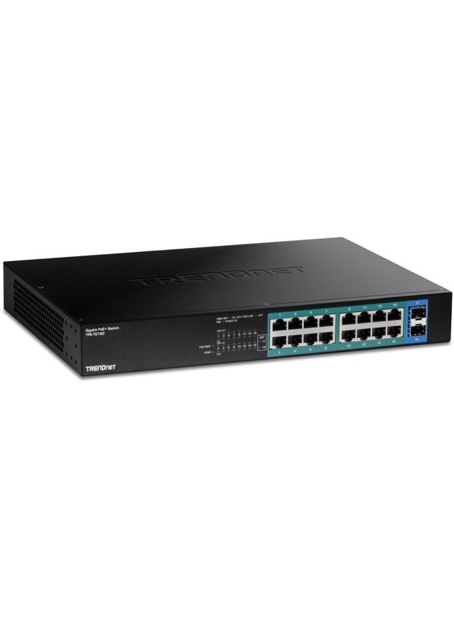 TRENDnet 18-Port Gigabit PoE+ Switch, 16 x 30W PoE+ Ports, 2 Gigabit SFP Slots, 240W PoE Budget, 36Gbps Switching Capacity, 1U 19” Rack Mountable, Lifetime Protection, Black, TPE-TG182 - Image 1