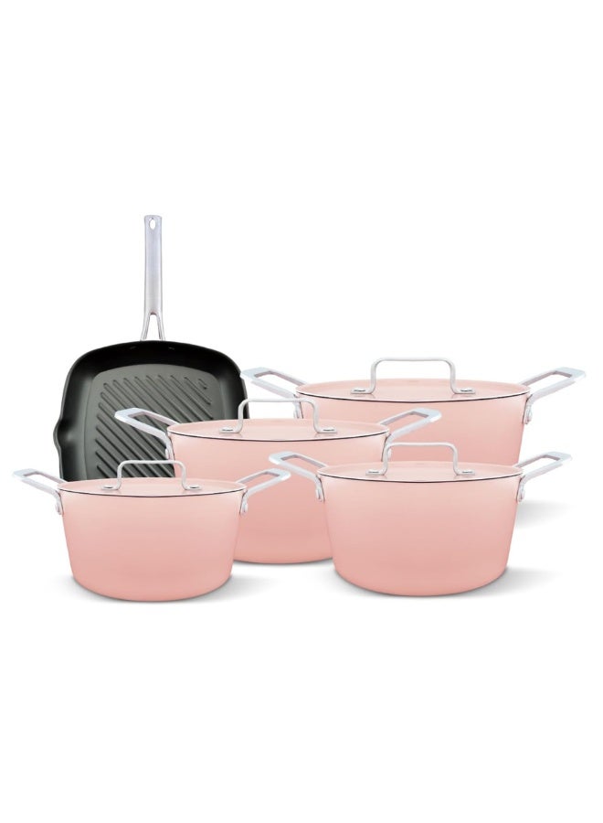 Trueval Diamond 9-piece set (18-20-24-28 cm pots - 28 cm grill) with stainless steel handles