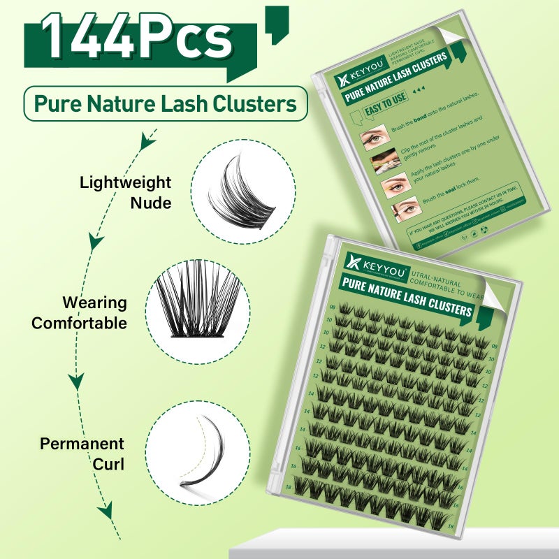 KEYYOU Natural Lash Clusters Wispy Eyelash Clusters 144 pcs Cluster Eyelash Extensions D Curl Individual Lashes 8-18MIX Mix Length Light and Natural Lashes Look with Thin Lash (N03-8-18MIX-D) - Image 2
