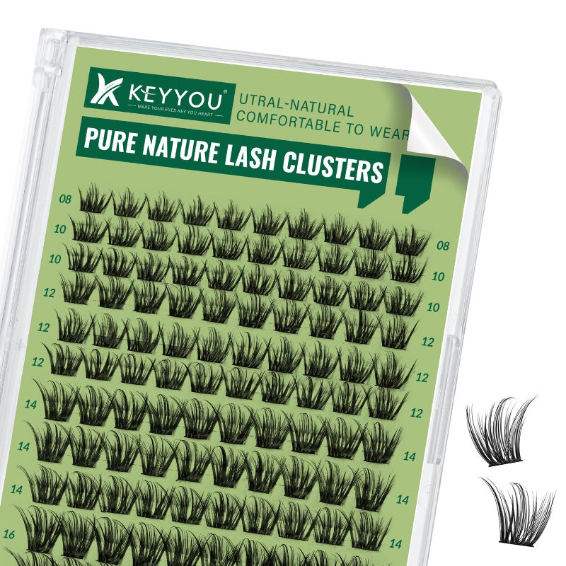 KEYYOU Natural Lash Clusters Wispy Eyelash Clusters 144 pcs Cluster Eyelash Extensions D Curl Individual Lashes 8-18MIX Mix Length Light and Natural Lashes Look with Thin Lash (N03-8-18MIX-D) - Image 1