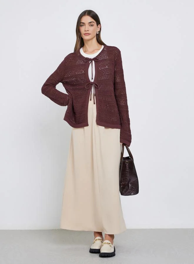 Styli Styli Brown Crochet Knit Tie-Front Top