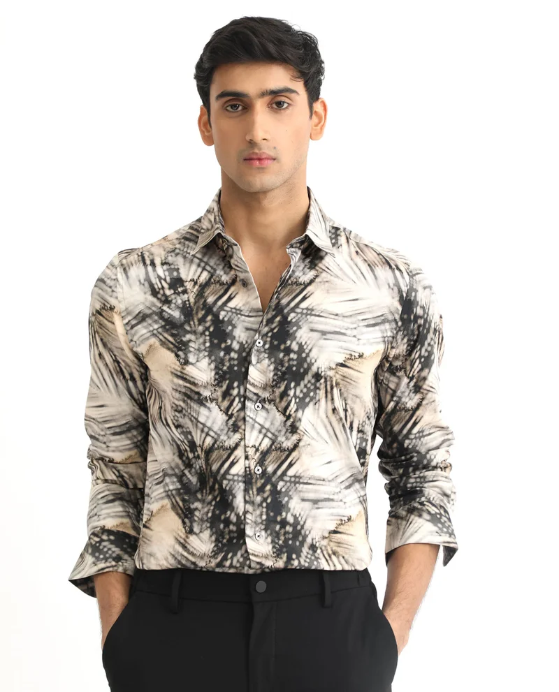 Rare Rabbit Rare Rabbit Men's Haussman Off White Cotton Fabric Tropical Print Full Sleeves Shirt