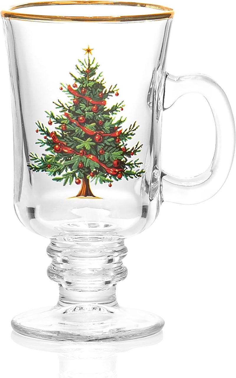 Red Co. . Set of 4 Clear Glass 8 Fl Oz Christmas Tree Drinking Tumblers with Gold Rim – Irish Coffee Mug - Image 4