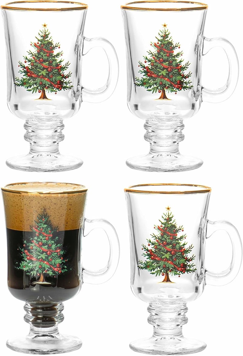 Red Co. . Set of 4 Clear Glass 8 Fl Oz Christmas Tree Drinking Tumblers with Gold Rim – Irish Coffee Mug - Image 5