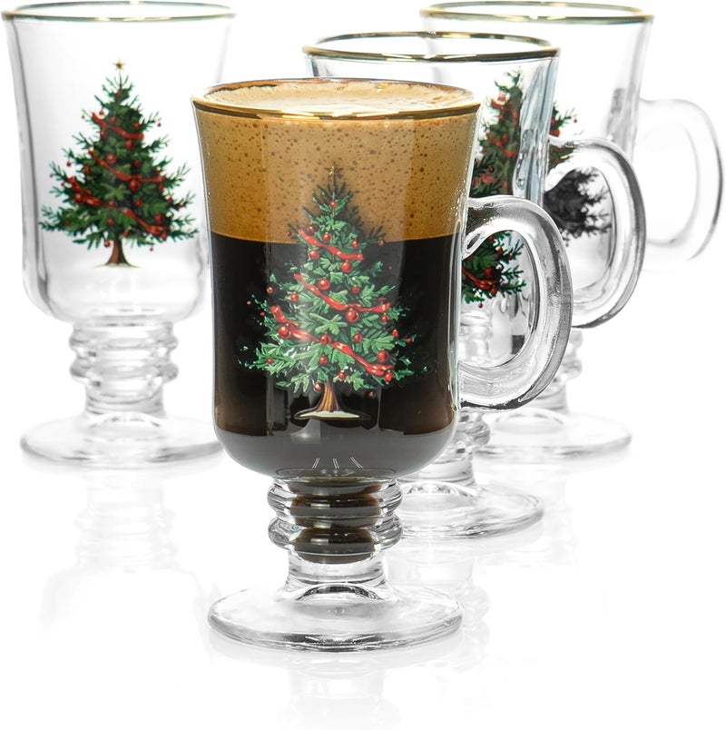 Red Co. . Set of 4 Clear Glass 8 Fl Oz Christmas Tree Drinking Tumblers with Gold Rim – Irish Coffee Mug - Image 1