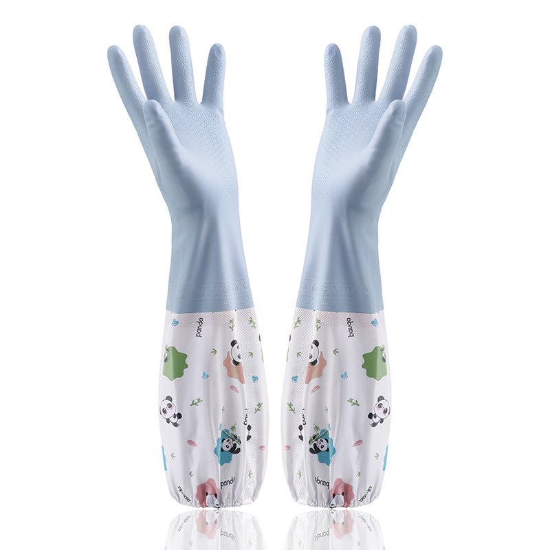 Washing Gloves Womens Waterproof Rubber fleece-lined Winter Kitchen Durable Brush Laundry Clothes Household Thickened Household Leather Blue cuff without velvet