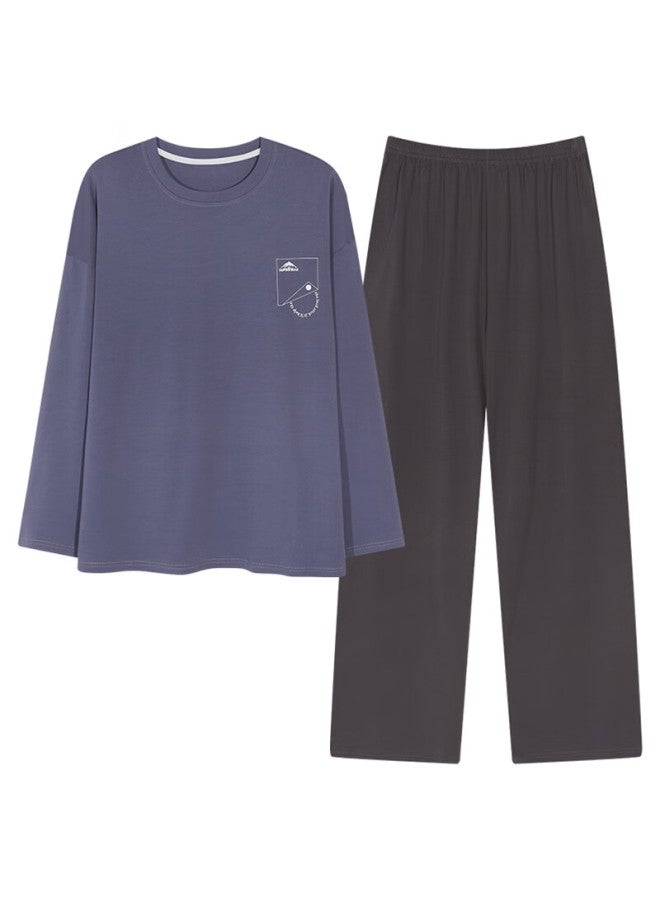 Joae 100% Cotton Antibacterial Men's Long Sleeve Pullover Pajama Set With Long Pants, Suitable For Outdoor Wear