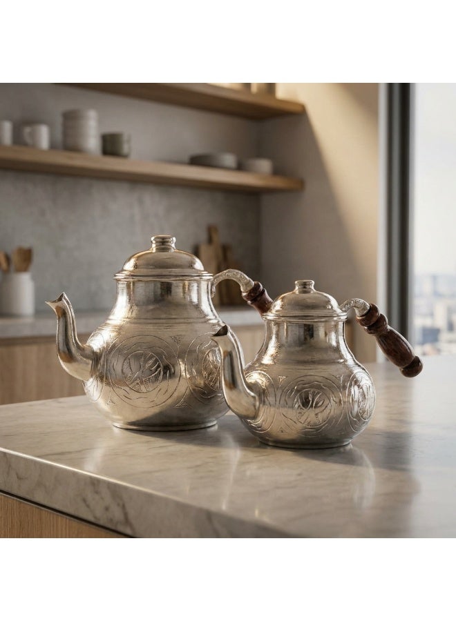 Handmade Copper Turkish Double Teapot Set with Extra Lid in Silver – Wooden Handles, Made in Turkey - Image 3