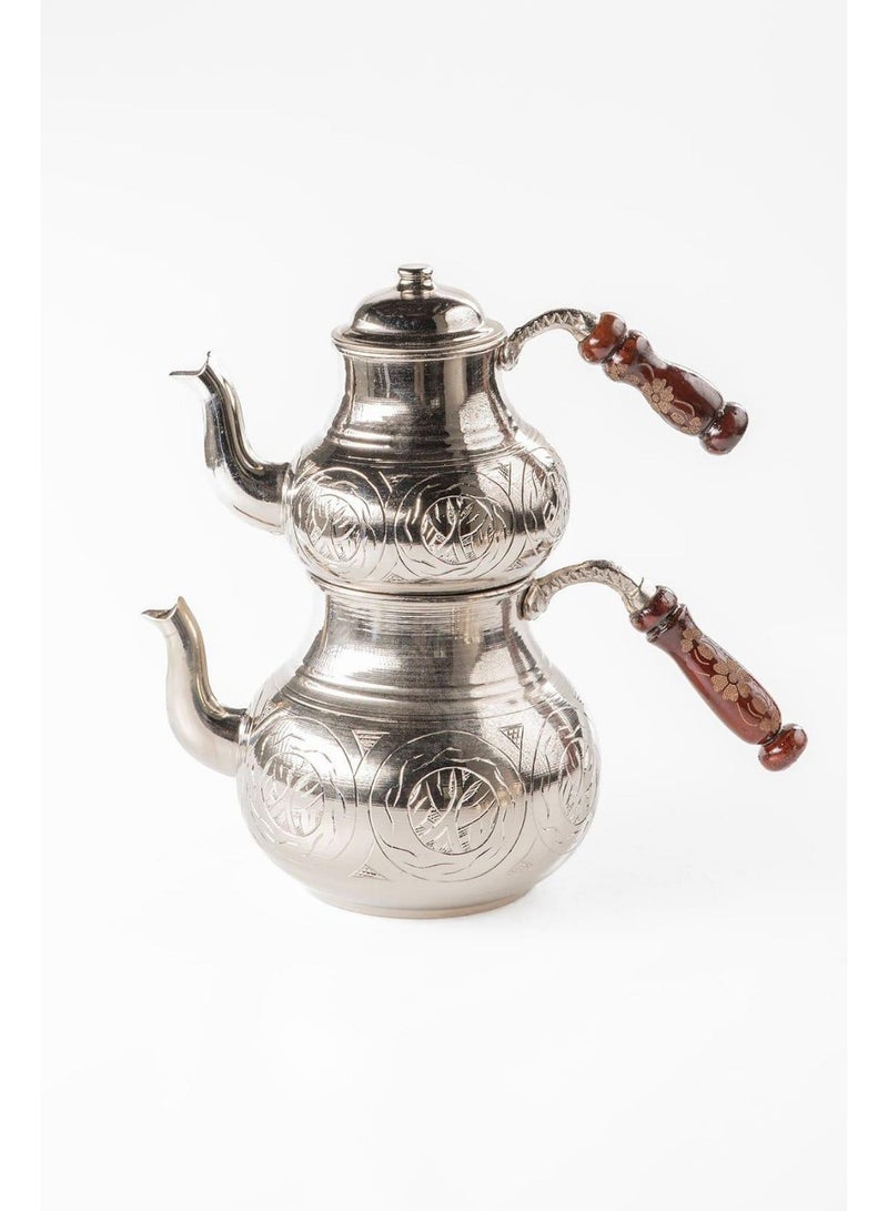 Handmade Copper Turkish Double Teapot Set with Extra Lid in Silver – Wooden Handles, Made in Turkey - Image 5