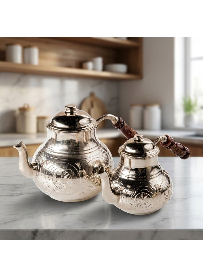 Handmade Copper Turkish Double Teapot Set with Extra Lid in Silver – Wooden Handles, Made in Turkey - Image 4
