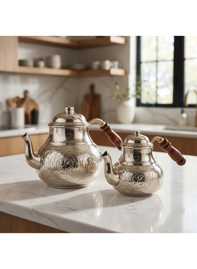 Handmade Copper Turkish Double Teapot Set with Extra Lid in Silver – Wooden Handles, Made in Turkey - Image 1
