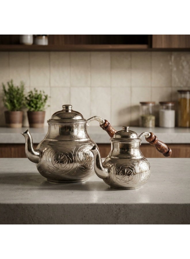 Handmade Copper Turkish Double Teapot Set with Extra Lid in Silver – Wooden Handles, Made in Turkey - Image 2