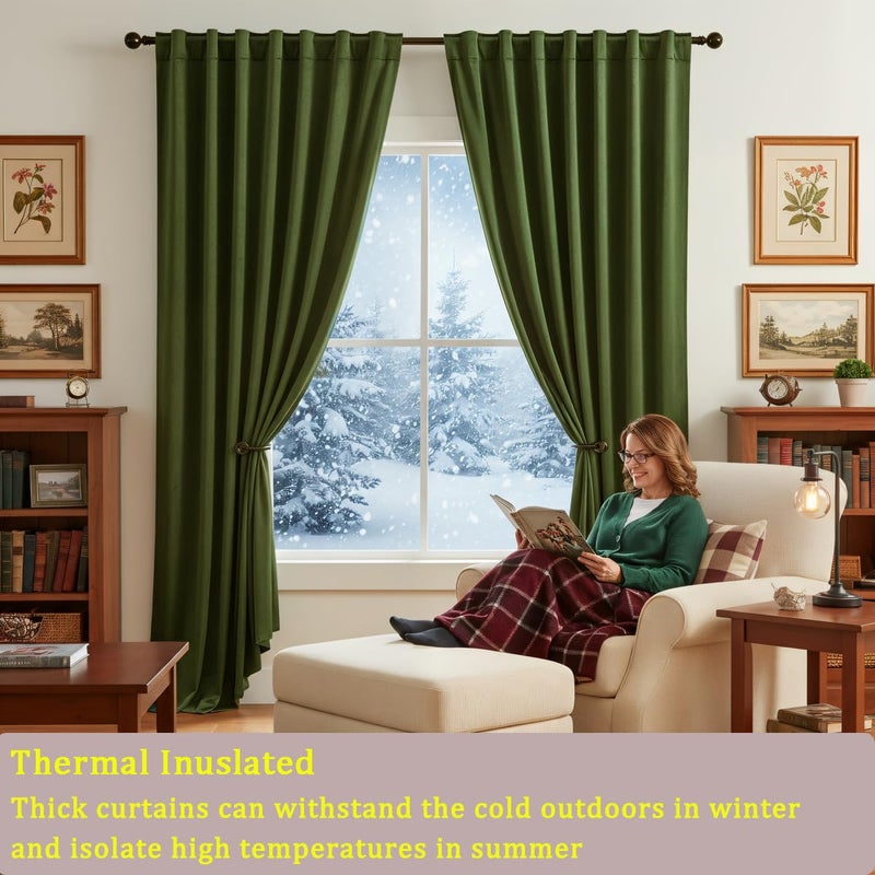 Timeper Hunter Green Velvet Curtains W52 x L84 inches 2 Panels, Blackout Thermal Insualted Curtains Velvet Drapes for Bedroom/Living Room/Home Office, Back Tab & Rod Pocket - Image 3