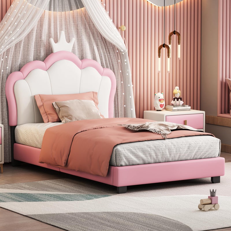 Bellemave Twin Size Princess Bed Frame with Crown Headboard PU Upholstered Princess Twin Bed for GirlsKids Twin Platform BedTwinPink