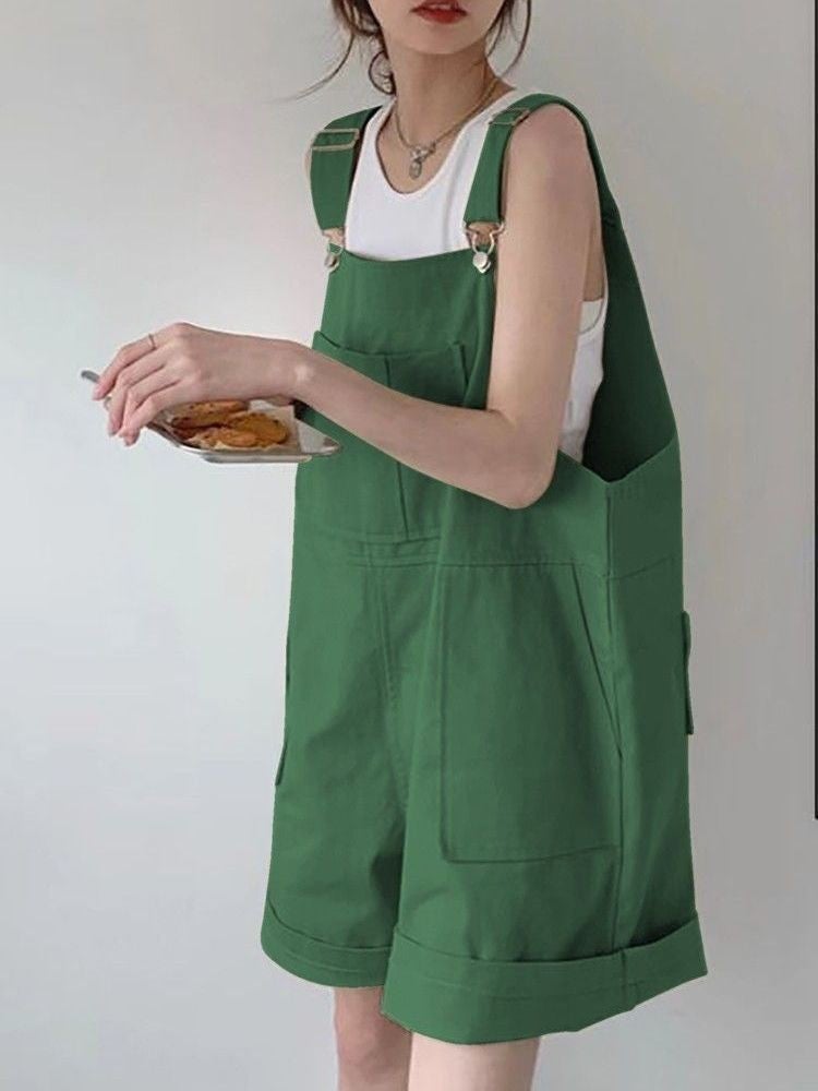 khaki Cotton Work Strap Womens Summer Sling Loose Slimming Straight Large Pocket Casual Wide Leg Shorts Trendy Green - Image 1