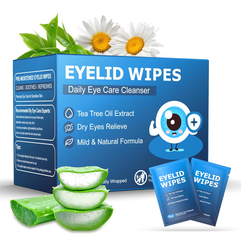 30PCS Eyelid Lash Wipes for Itchy Dry Eyes Tea Tree Oil Eyelid Wipes for Styes Blepharitis Daily Eye Cleansing Wipe Hypoallergenic Soothing For Sensitive Eyes Stay Hydrated Lid Wipe