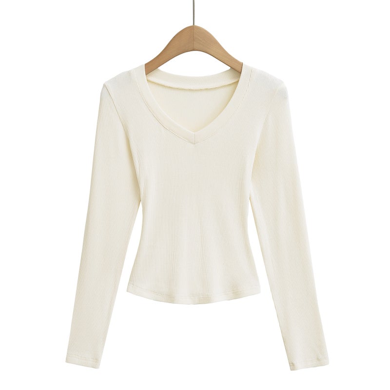 أسلوب فتاة حارة مثيرة V-Neck Slim-Fit التخسيس قاعدة قميص للنساء، الربيع الجديد والخريف ساعة الخصر طويلة الأكمام قصيرة تي شيرت - Image 5