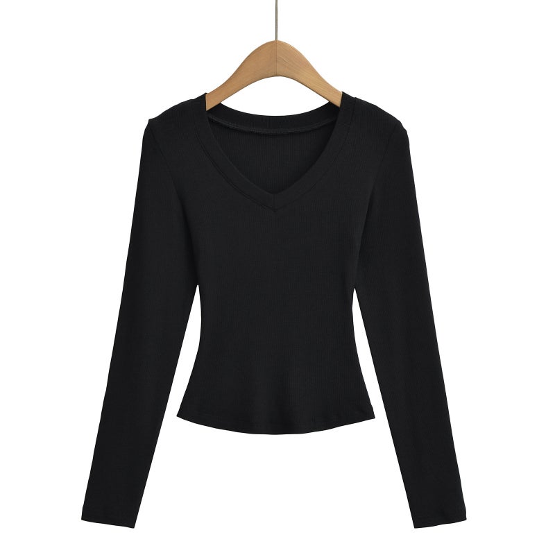 أسلوب فتاة حارة مثيرة V-Neck Slim-Fit التخسيس قاعدة قميص للنساء، الربيع الجديد والخريف ساعة الخصر طويلة الأكمام قصيرة تي شيرت - Image 1