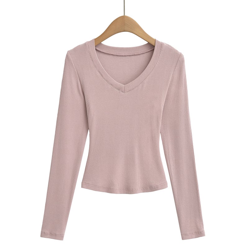 أسلوب فتاة حارة مثيرة V-Neck Slim-Fit التخسيس قاعدة قميص للنساء، الربيع الجديد والخريف ساعة الخصر طويلة الأكمام قصيرة تي شيرت - Image 4