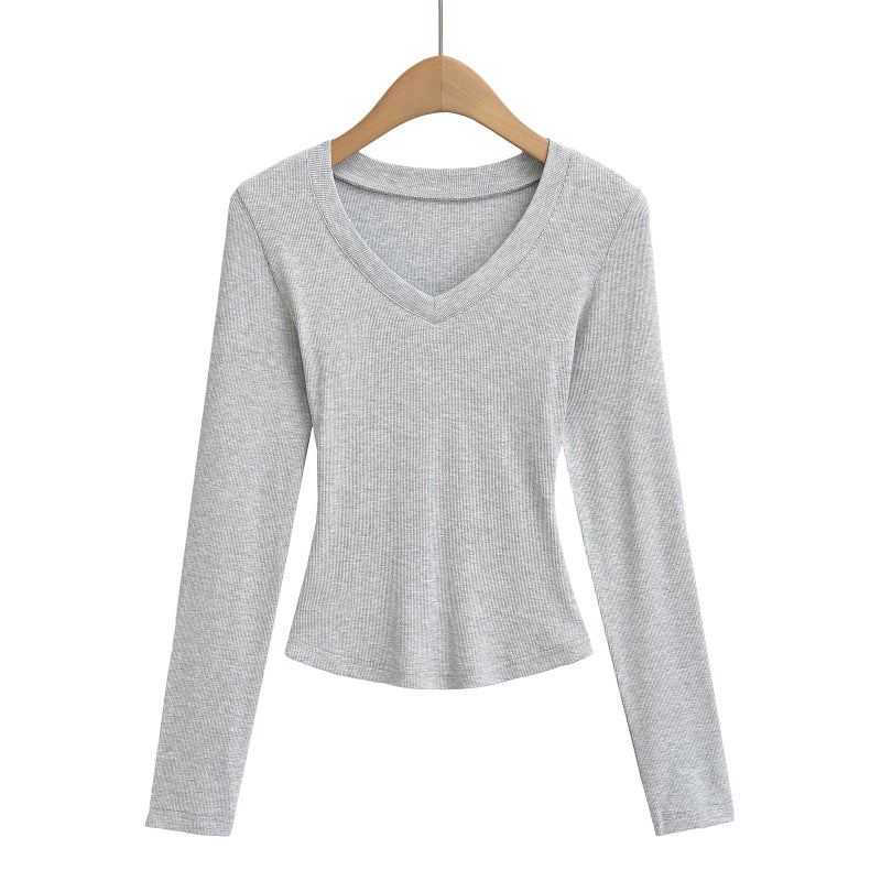 أسلوب فتاة حارة مثيرة V-Neck Slim-Fit التخسيس قاعدة قميص للنساء، الربيع الجديد والخريف ساعة الخصر طويلة الأكمام قصيرة تي شيرت - Image 3