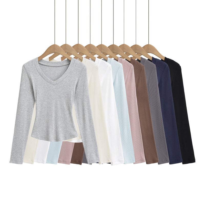 أسلوب فتاة حارة مثيرة V-Neck Slim-Fit التخسيس قاعدة قميص للنساء، الربيع الجديد والخريف ساعة الخصر طويلة الأكمام قصيرة تي شيرت - Image 2