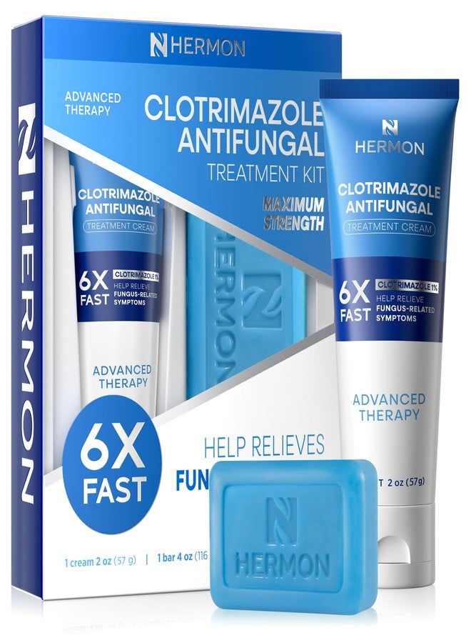 Hermon Clotrimazole Antifungal Treatment Cream & Soap Kit: Antifungal Cream for Athletes Foot, Jock Itch, Ringworm with Anti Fungal Soap - Relieves Itching Burning Cracking - 57g Tube / 113g Bar - Image 1