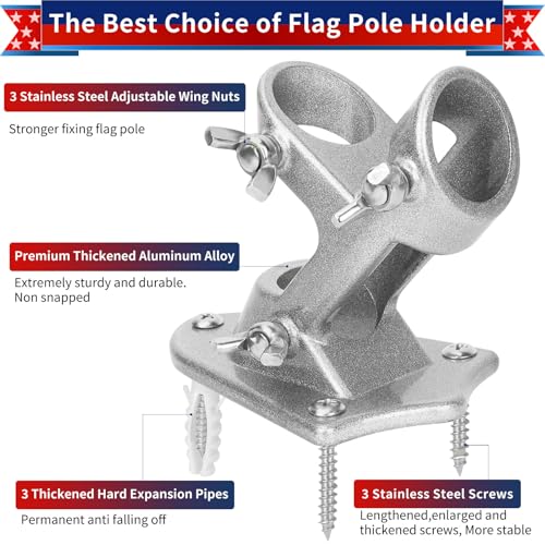 HPGOED Flag Pole Holder, Outside House Flag Pole Bracket, Heavy Duty Metal Flag Mount, Aluminum Alloy Mounting Brackets, Outdoor Flag Holder- Strong Rust Free, Dual Position 1 inch Silver - Image 2