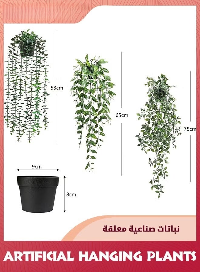النباتات المعلقة الاصطناعية,3 حزمة النباتات المعلقة المزيفة مع الأواني,النباتات الخضراء المزيفة في وعاء كرم الأوكاليبتوس الزائف,كرم ماندالا في وعاء لغرفة المنزل في الهواء الطلق ديكور رف الجدار - Image 3