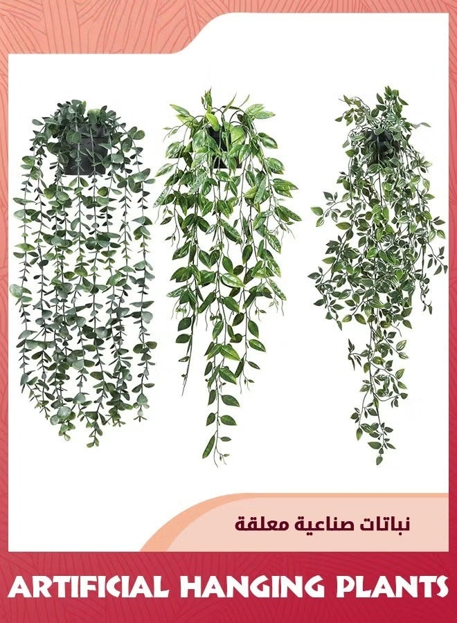 النباتات المعلقة الاصطناعية,3 حزمة النباتات المعلقة المزيفة مع الأواني,النباتات الخضراء المزيفة في وعاء كرم الأوكاليبتوس الزائف,كرم ماندالا في وعاء لغرفة المنزل في الهواء الطلق ديكور رف الجدار - Image 1