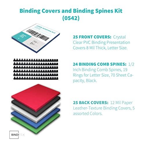 Binditek 74 Pack Binding Covers and Combs kit, Includes 25 Pcs 8Mil Clear PVC, 24 Pcs 1/2" Binding Combs, 25 Color Paper Covers, for 8.5 x 11 Inch - Image 2