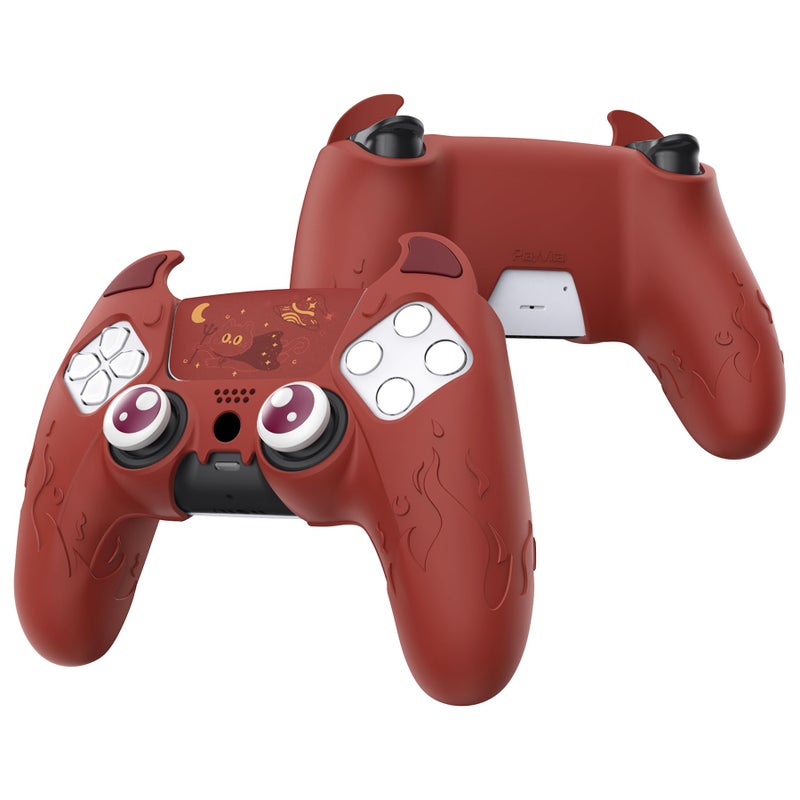 PlayVital Halloween Cute Demon Controller Silicone Case for ps5, Kawaii Controller Cover Gamepad Skin Protector for ps5 with Touch Pad Sticker & Thumb Grip Caps - Red - Image 1