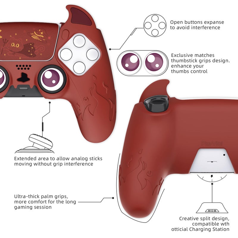 PlayVital Halloween Cute Demon Controller Silicone Case for ps5, Kawaii Controller Cover Gamepad Skin Protector for ps5 with Touch Pad Sticker & Thumb Grip Caps - Red - Image 5