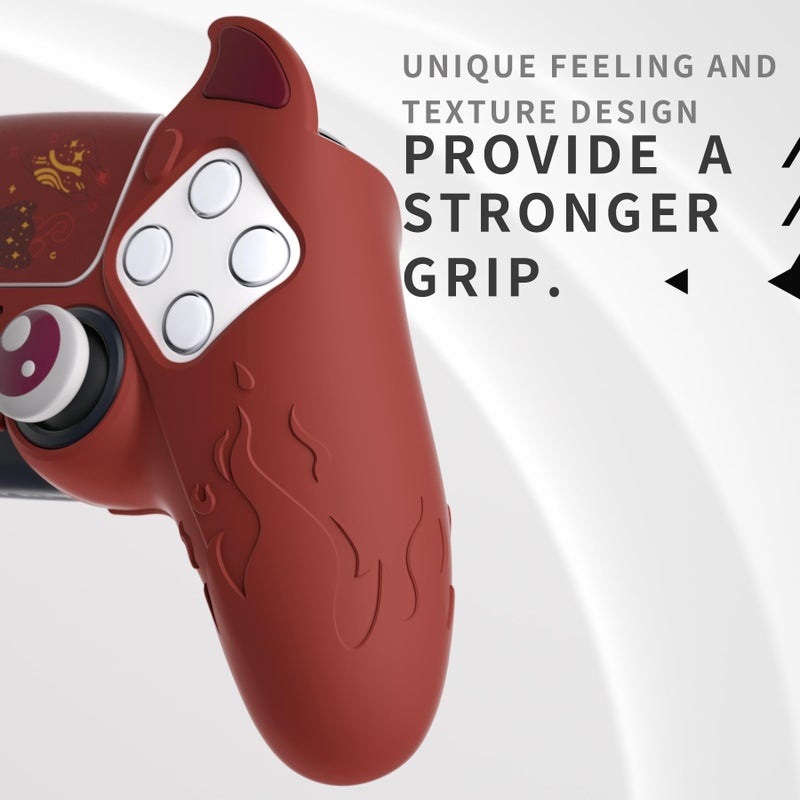 PlayVital Halloween Cute Demon Controller Silicone Case for ps5, Kawaii Controller Cover Gamepad Skin Protector for ps5 with Touch Pad Sticker & Thumb Grip Caps - Red - Image 4