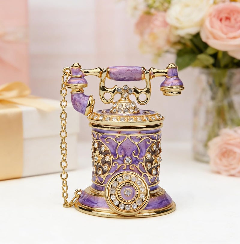 Furuida Vintage Telephone Trinket Box Hinged Enamel Hand Painted Jewelry Box Decorative Telephone Ornaments Gift for Home Decor (Purple) - Image 5