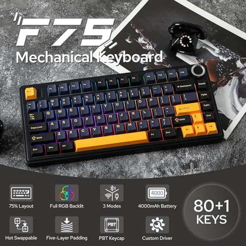 EPOMAKER x Aula F75 Gasket Mechanical Keyboard, 75% Wireless Hot Swappable Gaming Keyboard with Five-Layer Padding&Knob, Bluetooth/2.4GHz/USB-C, RGB (Black, Ice Vein Switch) - Image 2