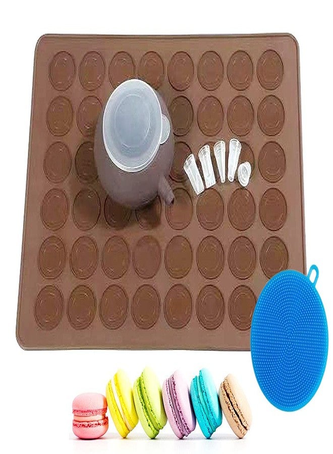 ARTIWARE Food Grade Silicone Brown color Macaron Baking Kit Tray Set w. Piping Pot 4 types of nozzles & 1 Cleaning Scrubbing pad non stick reusable Macaroon Baking Supplies - Image 1