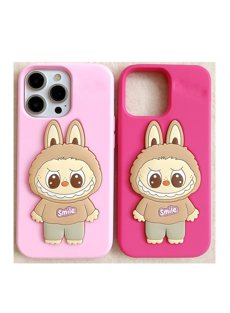 Case Club 2pcs Combo Cute 3D Labubu Bunny Silicone Case Combo for iPhone 16 Pro Max – Smile Series Light Pink & Hot Pink - Image 1