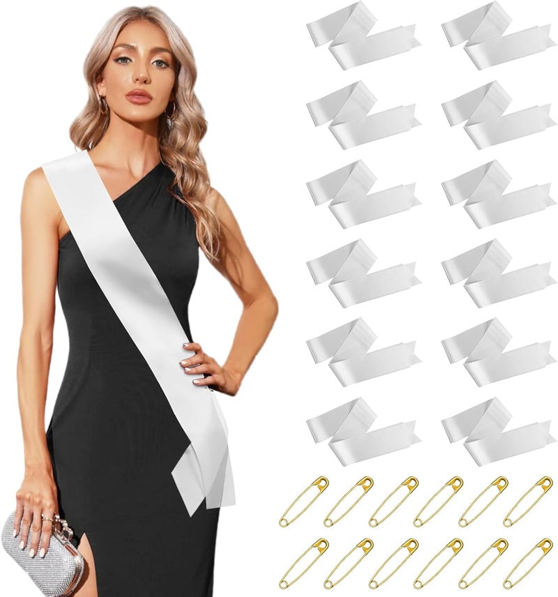 HRXMS 12 قطعة شريط ساتان أبيض فارغ - أشرطة عروس DIY لمسابقة ملكة الجمال مع دبابيس أمان، شريط ساتان عادي للمسابقات، شريط كبير، شريط مخصص، شريط شخصي DIY لحفلة عيد الميلاد - Image 1