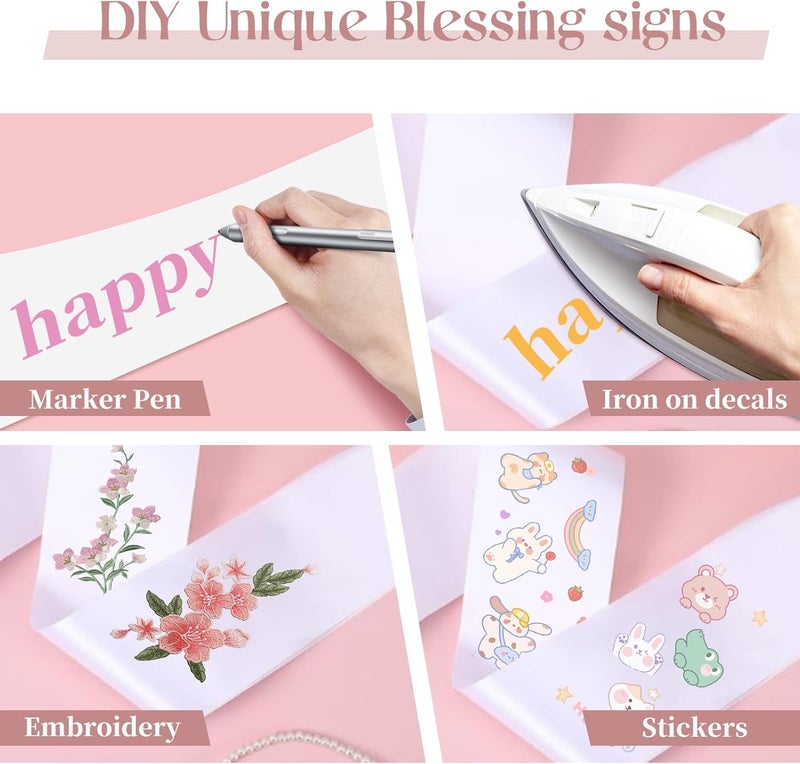 HRXMS 12 قطعة شريط ساتان أبيض فارغ - أشرطة عروس DIY لمسابقة ملكة الجمال مع دبابيس أمان، شريط ساتان عادي للمسابقات، شريط كبير، شريط مخصص، شريط شخصي DIY لحفلة عيد الميلاد - Image 5