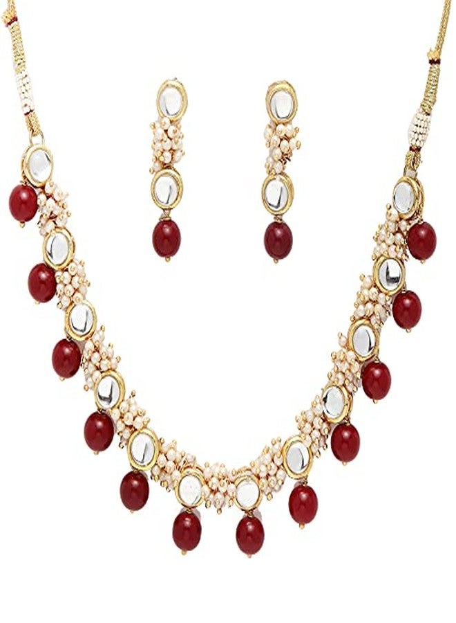 كارات كارت طقم عقد تشوكر كوندان مصنوع يدويًا من كارات كارت للنساء، مطلي بالذهب، مرصع بخرز أحمر وكرات لؤلؤ - Image 1