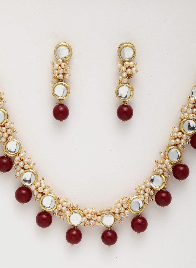 كارات كارت طقم عقد تشوكر كوندان مصنوع يدويًا من كارات كارت للنساء، مطلي بالذهب، مرصع بخرز أحمر وكرات لؤلؤ - Image 4