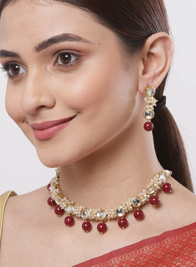 كارات كارت طقم عقد تشوكر كوندان مصنوع يدويًا من كارات كارت للنساء، مطلي بالذهب، مرصع بخرز أحمر وكرات لؤلؤ - Image 3