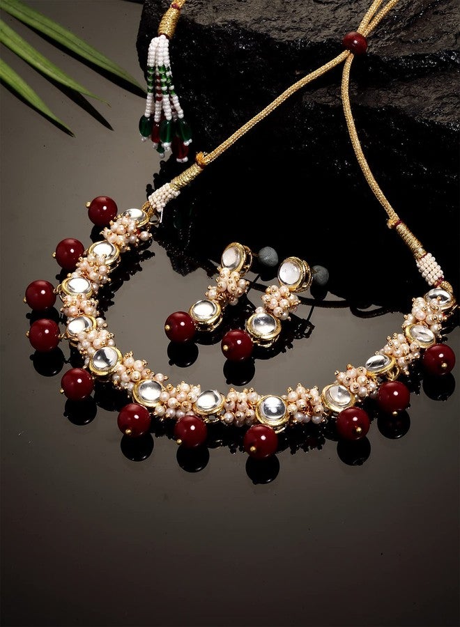 كارات كارت طقم عقد تشوكر كوندان مصنوع يدويًا من كارات كارت للنساء، مطلي بالذهب، مرصع بخرز أحمر وكرات لؤلؤ - Image 2