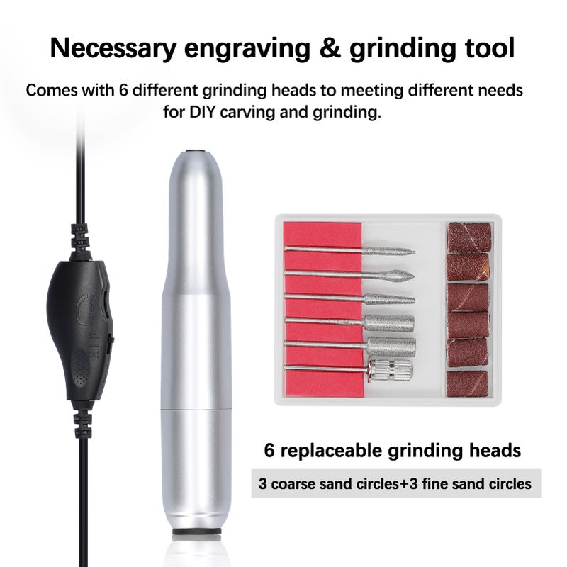 USB Power Supplys Mini Handheld Electric Grinder Drill Tool Nail Gelatum Removing Drill Manicure Machine Speed Adjustable Grinding Rotary Tool Kit with 6 Grinding Heads - Image 3
